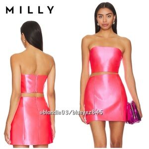Milly SET of “Oliviana” stretch satin top and skirt in neon pink M